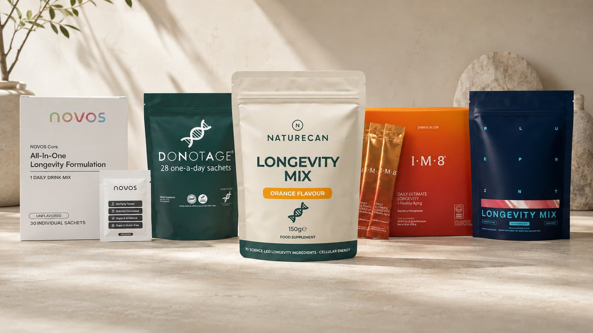 Comparativa de mezclas para la longevidad: ¿qué contienen realmente IM8, NOVOS, DoNotAge, Blueprint y Naturecan?