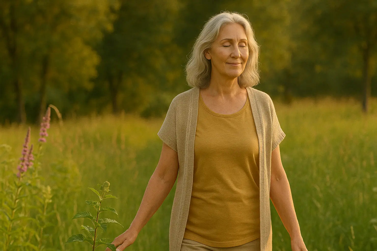 Mujer relajada en campo