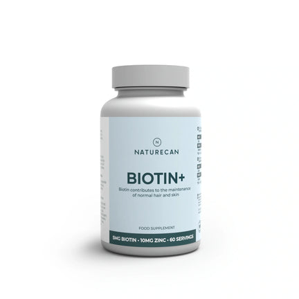 Frasco del suplemento Naturecan Biotina+ sobre fondo blanco