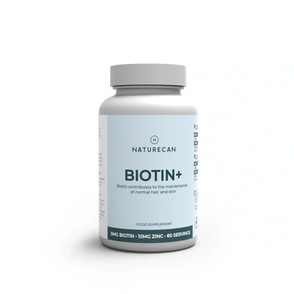Frasco del suplemento Naturecan Biotina+ sobre fondo blanco